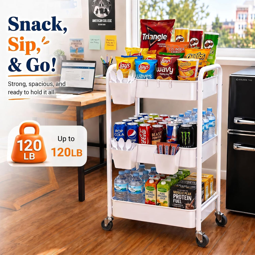 3 Tier Rolling Cart Metal with Wheels, White Three Tiered Storage Cart on Wheels, Utility Trolley Carts Organizer for Kitchen Storage, Pantry, Snack, Craft, Art, Lash, Makeup, Bathroom, Dorm Supply
