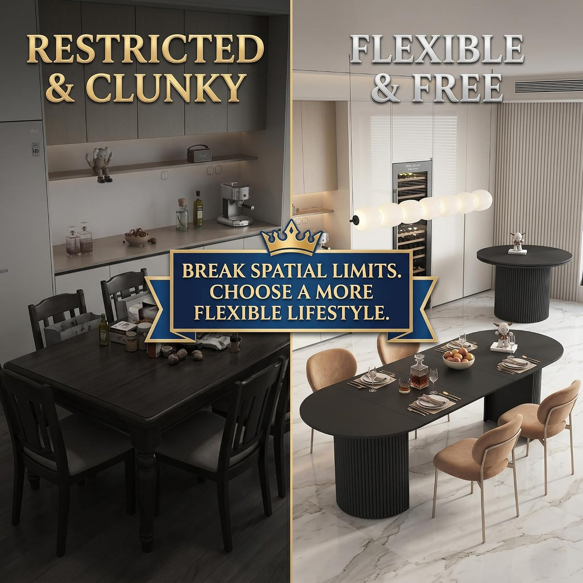 Extendable Dining Table for 1-10 People, Wood Foldable Kitchen Table for Small Space, Multifunctional Dining Room Furniture (Black) (Black)