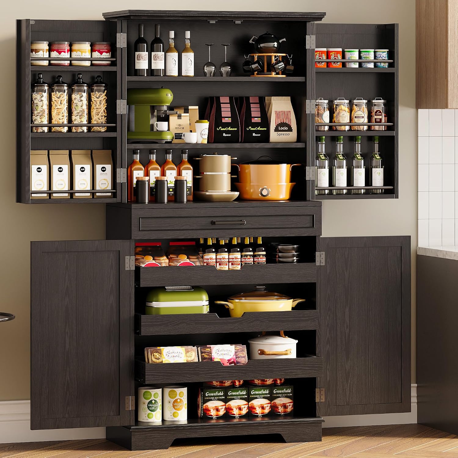 IRONCK 72" Farmhouse Kitchen Pantry Cabinet with Sliding Storage Rack,Black | Tall Freestanding Cupboard with 6 Hanging Shelves for Kitchen, Dining Room