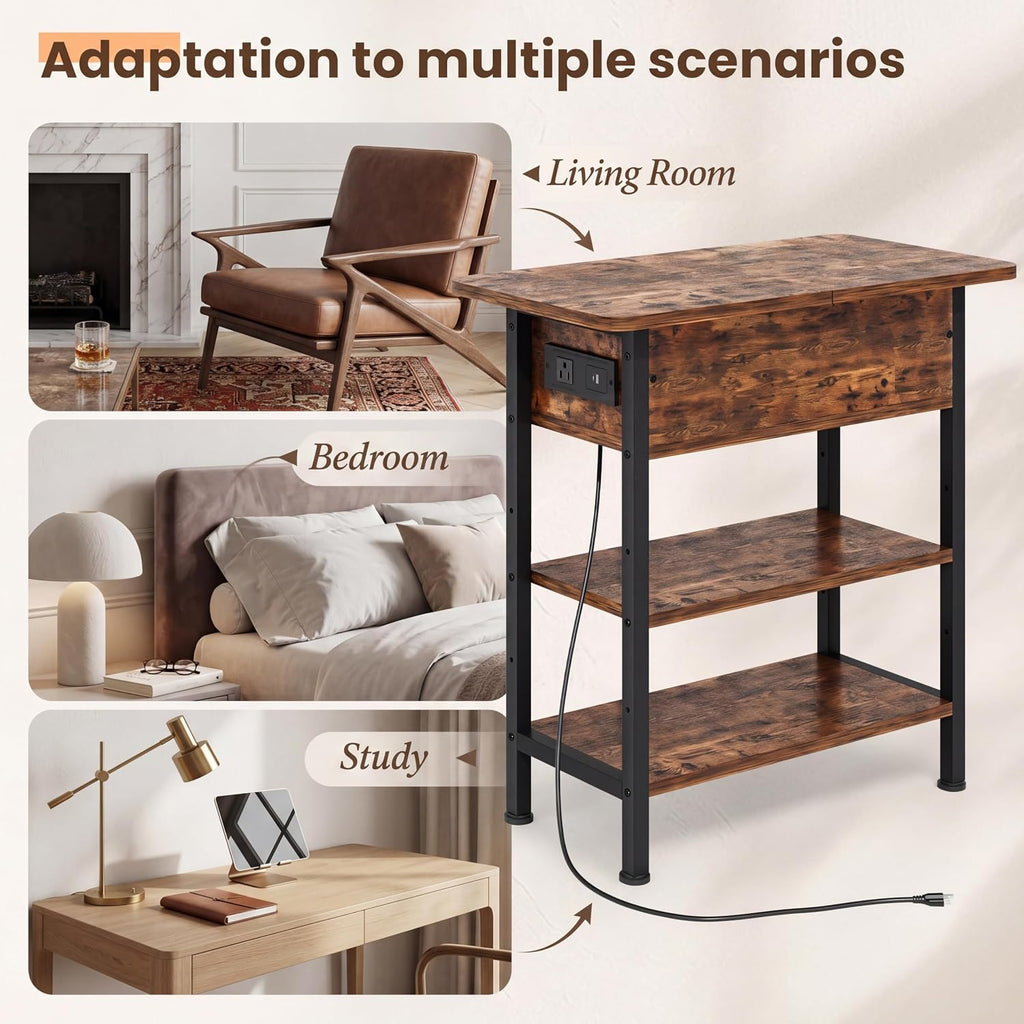 GRUSIGN End Table with Charging Station, Flip Top Side Table with USB Ports and Outlets, 3-Tier Small Side Table with Storage for Small Space, End Tables for Living Room/Bedroom, Rustic Brown
