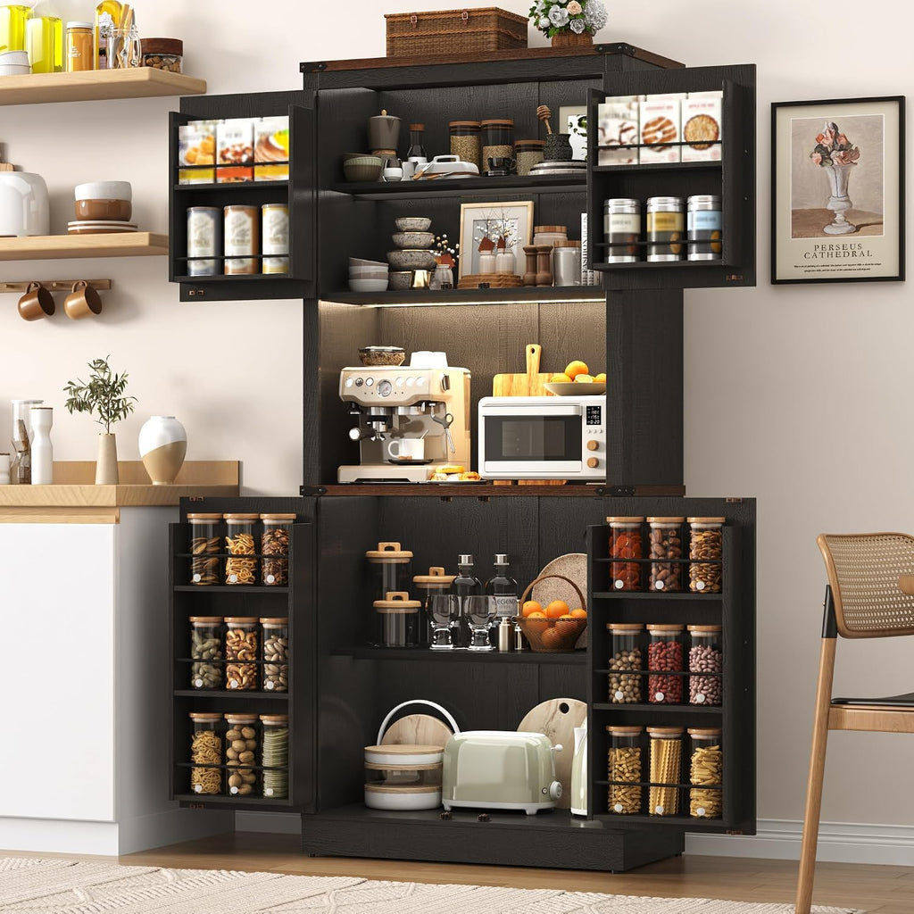 72" Tall Farmhouse Kitchen Pantry Cabinet with LED Light and Power Outlet,Modern Farmhouse Kitchen Storage Cabinet w Load-Bearing Steel Pipe,Barn Doors, Organizer,Food Pantry Cabinets(Black)