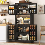 72" Tall Farmhouse Kitchen Pantry Cabinet with LED Light and Power Outlet,Modern Farmhouse Kitchen Storage Cabinet w Load-Bearing Steel Pipe,Barn Doors, Organizer,Food Pantry Cabinets(Black)