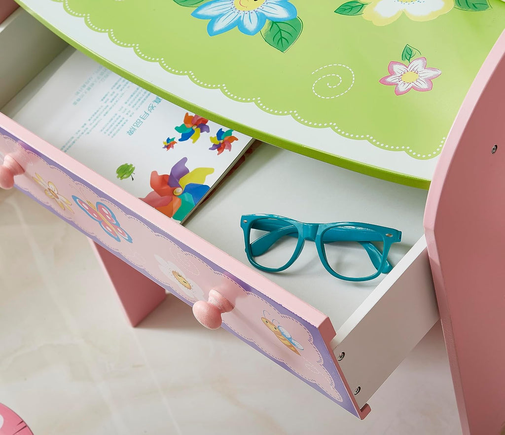 Kids Vanity Set with Mirror and Stool, Beauty Makeup Vanity Table with Large Drawer and Chair Set for Toddlers and Kids, Wooden Girls Makeup Dressing Table