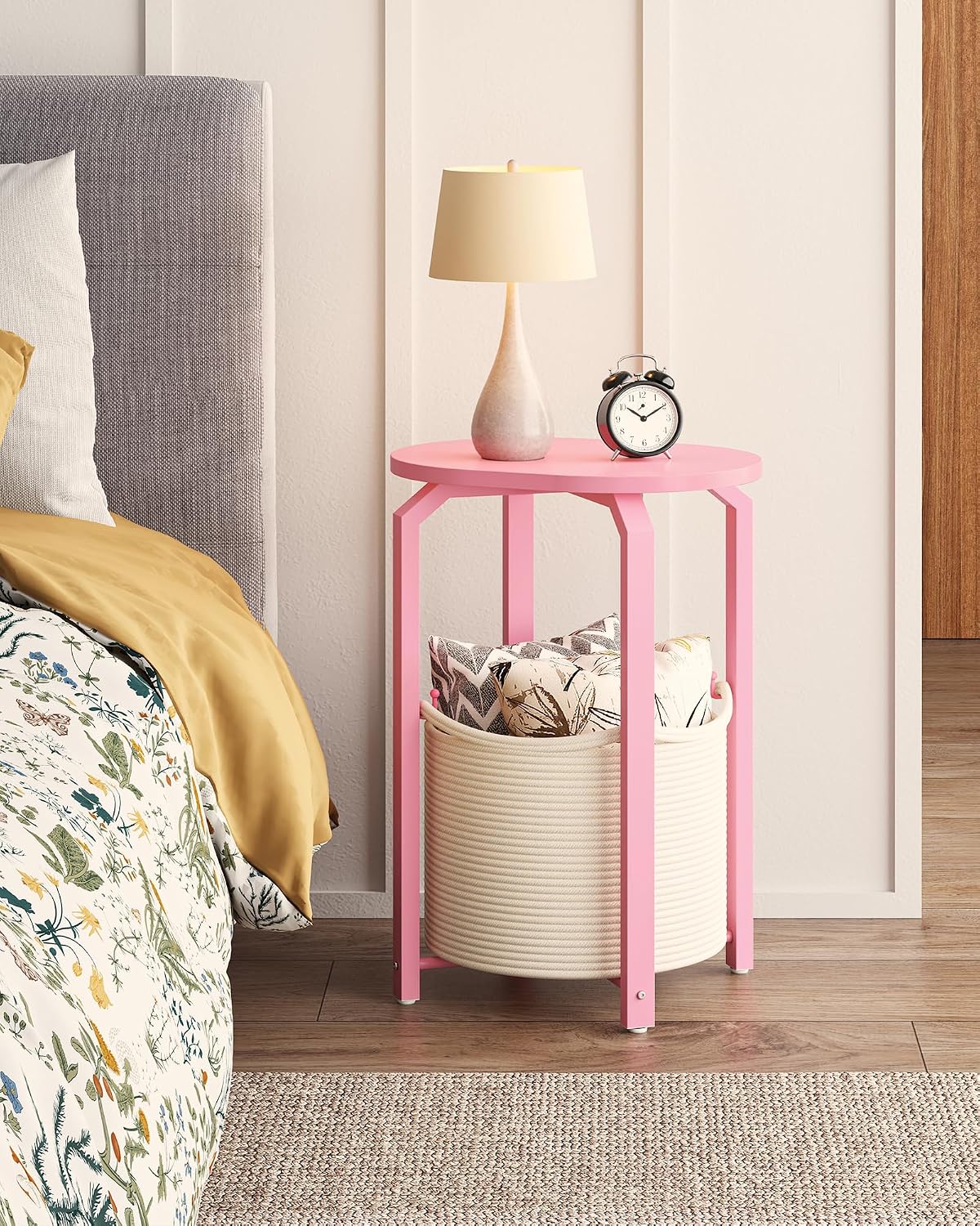 TUTOTAK Oval End Table with Woven Storage Basket, Pink Small Side Table for Living Room, Bedroom, TB01BP093