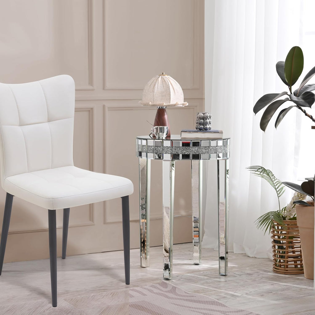 19.7" Mirror Side Table Round End Table with Crushed Diamond and Glass Top, Silver Coffee Table for Living Room, Bedroom, Sofa, Corner