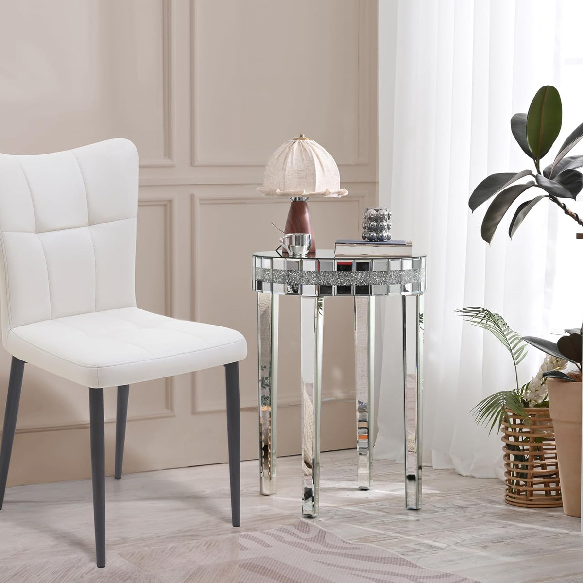 19.7" Mirror Side Table Round End Table with Crushed Diamond and Glass Top, Silver Coffee Table for Living Room, Bedroom, Sofa, Corner