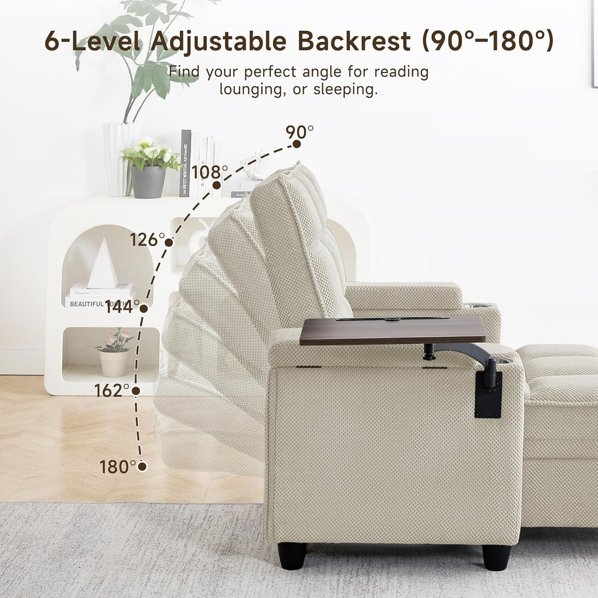 Oversized Recliner Chair with Swivel Tray Table, Modern Tufted Linen Fabric Single Sofa with Cup Holders & USB Port, 660 LBS Heavy Duty Reclining Chair for Living Room & Bedroom (White, 41.7'')
