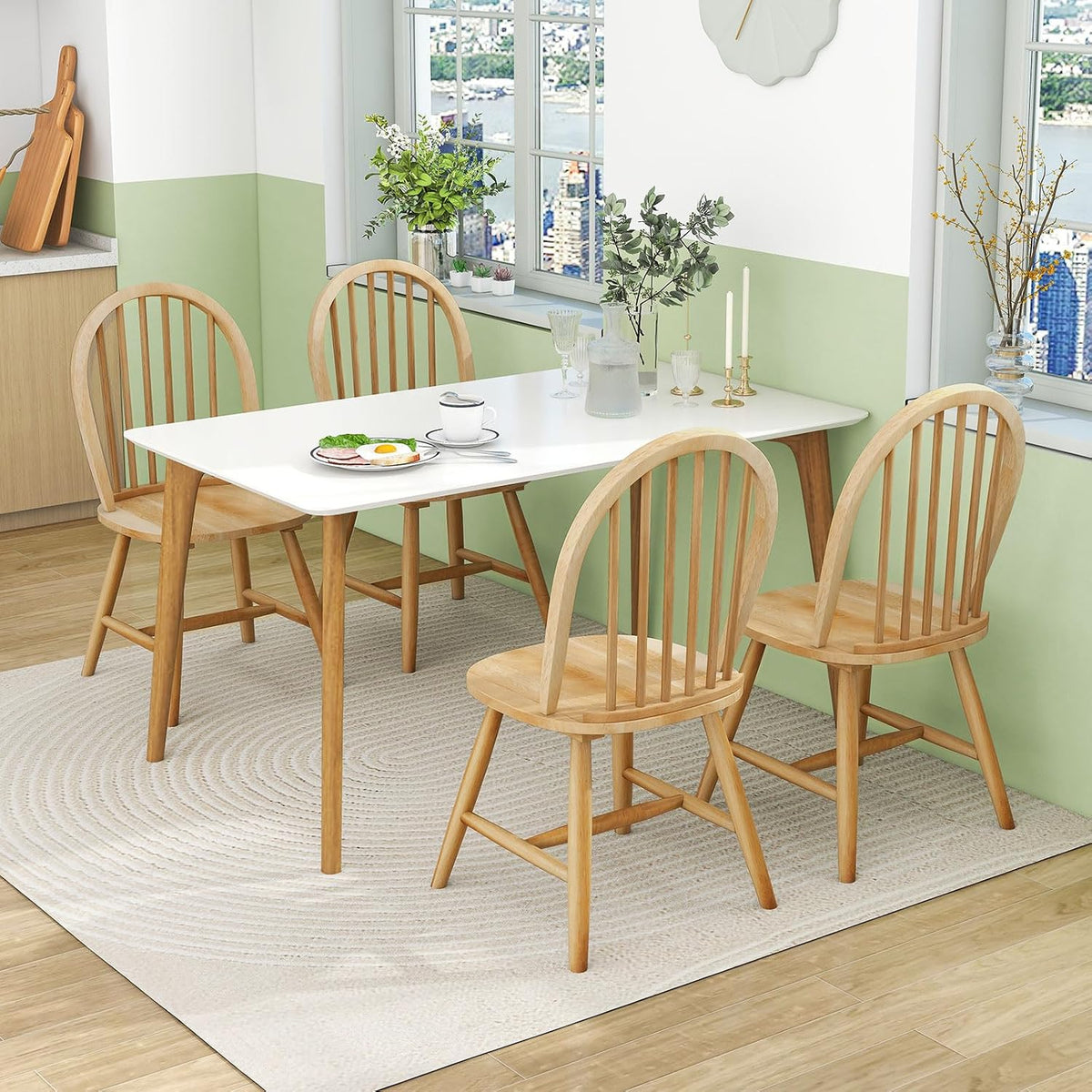 18" Oak Dining Chairs Set of 2, Wood Windsor Chair with Spindle Back for Country Farmhouse Kitchen Island