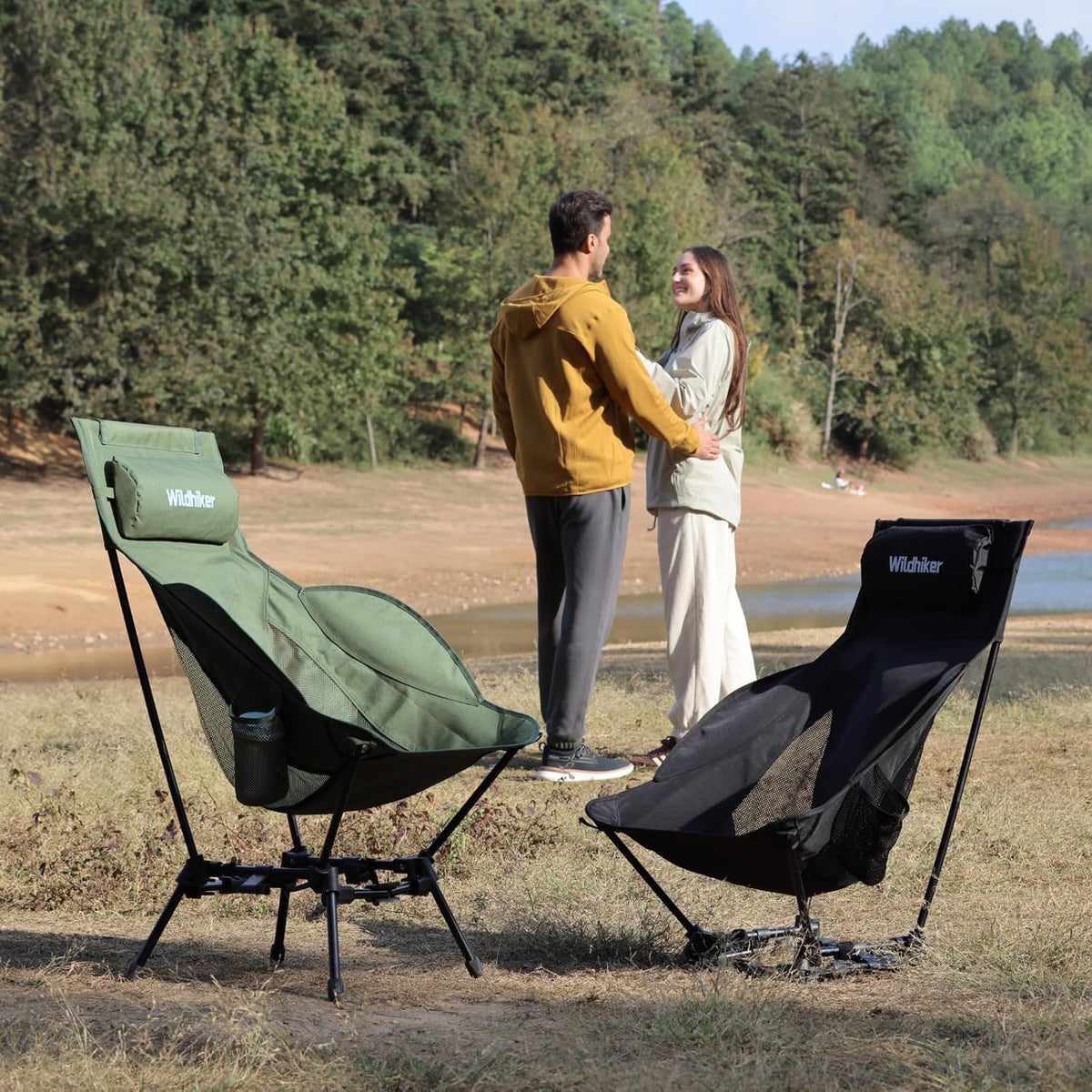 Wildhiker Compact High Back Camping Chair - Foldable with Dual Sitting Modes, Pillow, Arm Pads and Side Pockets - Lightweight Portable Chair for Motorcycle, RV, Festival, Travel - Black