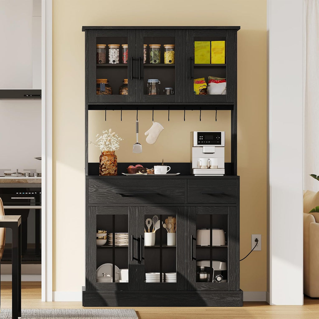 YITAHOME 71'' Kitchen Pantry Storage Cabinet with Microwave Stand, Tall Freestanding Hutch Cabinet with Power Outlet, Pantry Cabinets with Buffet Cupboard, Drawers and Acrylic Doors for Home, Black | Tall Freestanding Hutch Cabinet with Power Outlet
