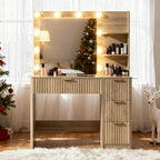 LUXOAK 36" Makeup Vanity Desk with Mirror & LED Lights, Oak | Fluted Vanity Table with 4 Drawers, Glass Top & Charging Station, Dressing Table for Bedroom, Women & Girls