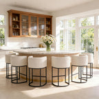 26" Counter Height Bar Stools Set of 4, Black Frame, Linen | Linen Upholstery, Barrel Backrest, Built-In Armrests, Kitchen Island Use, Sturdy Metal Frame, Counter Height