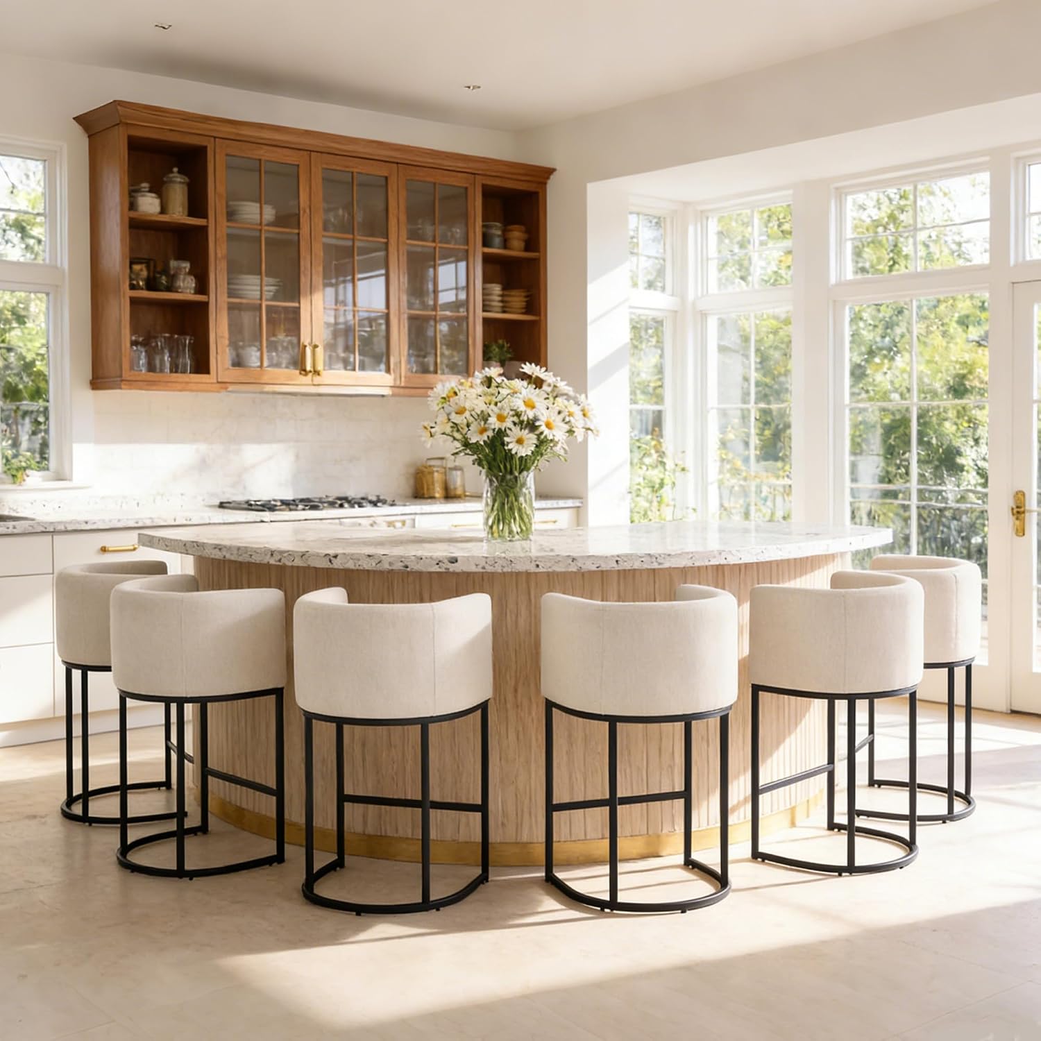 26" Counter Height Bar Stools Set of 4, Black Frame, Linen | Linen Upholstery, Barrel Backrest, Built-In Armrests, Kitchen Island Use, Sturdy Metal Frame, Counter Height