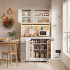 70.8" Tall Pantry Cabinet with LED & Charging Station, Freestanding White Kitchen Storage Cabinet with Spacious Countertop, Adjustable Shelves and Door Side Racks for Dining Living Room