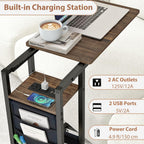 Giantex C Shaped End Table with Charging Station, 27’’H Slide Under Couch Side Table w/Wheels, Outlets & USB Ports, Storage Bag, Small Laptop Sofa TV Tray C Table for Living Room, Rustic Brown