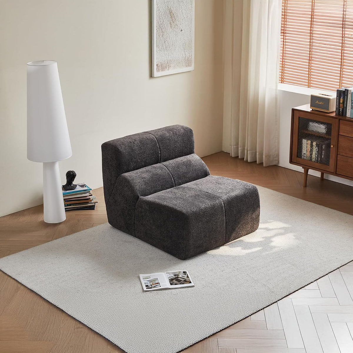 Fireside Chair, Modern Comfy Raindrop Velvet Fabric Bean Bag Chairs, Upholstered Lazy Floor Sofa Relaxing Lounge, Single Armless Lazy Chair for Living Room, Bedroom, Office, Grey