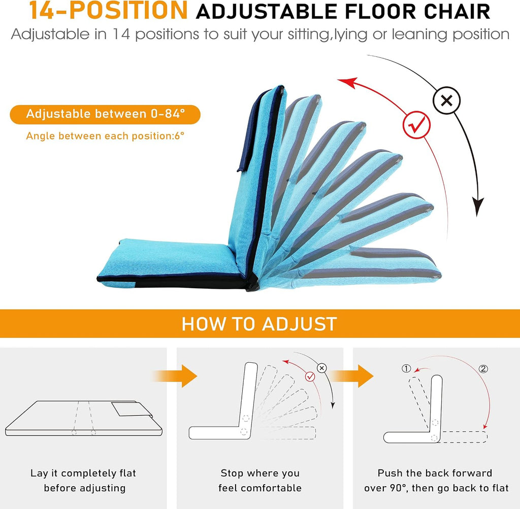 FASTMOMENT Floor Chair with Back Support 14-Position Adjustable Floor Chair Portable Ground Seating for Adults Foldable Meditation Seat with Japanese KOYO Bearings & Washable Linen Cover (Bright Blue)
