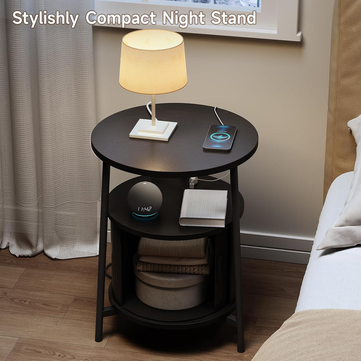 ONBRILL Round Side Table with Storage, Fluted Nightstand with Charging Station, Small Mid-Century Modern Bedside Tables, Black End Tables for Small Space Living Room Bedroom Sofa Couch