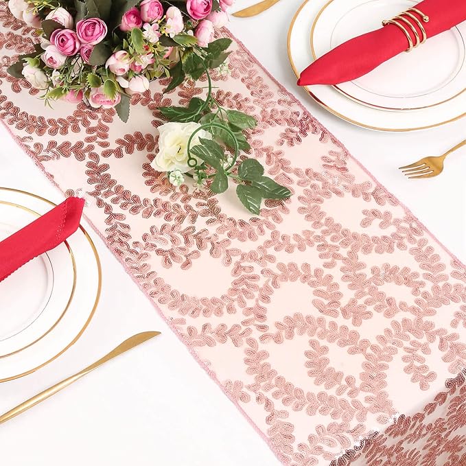Sequin Table Runners 2 Pieces Rose Gold Flower Table Runners 12x72 Inch Glitter Dining Table Cover for Party Wedding Birthday Reception Banquet Decoration Spring Party Chair Sashes