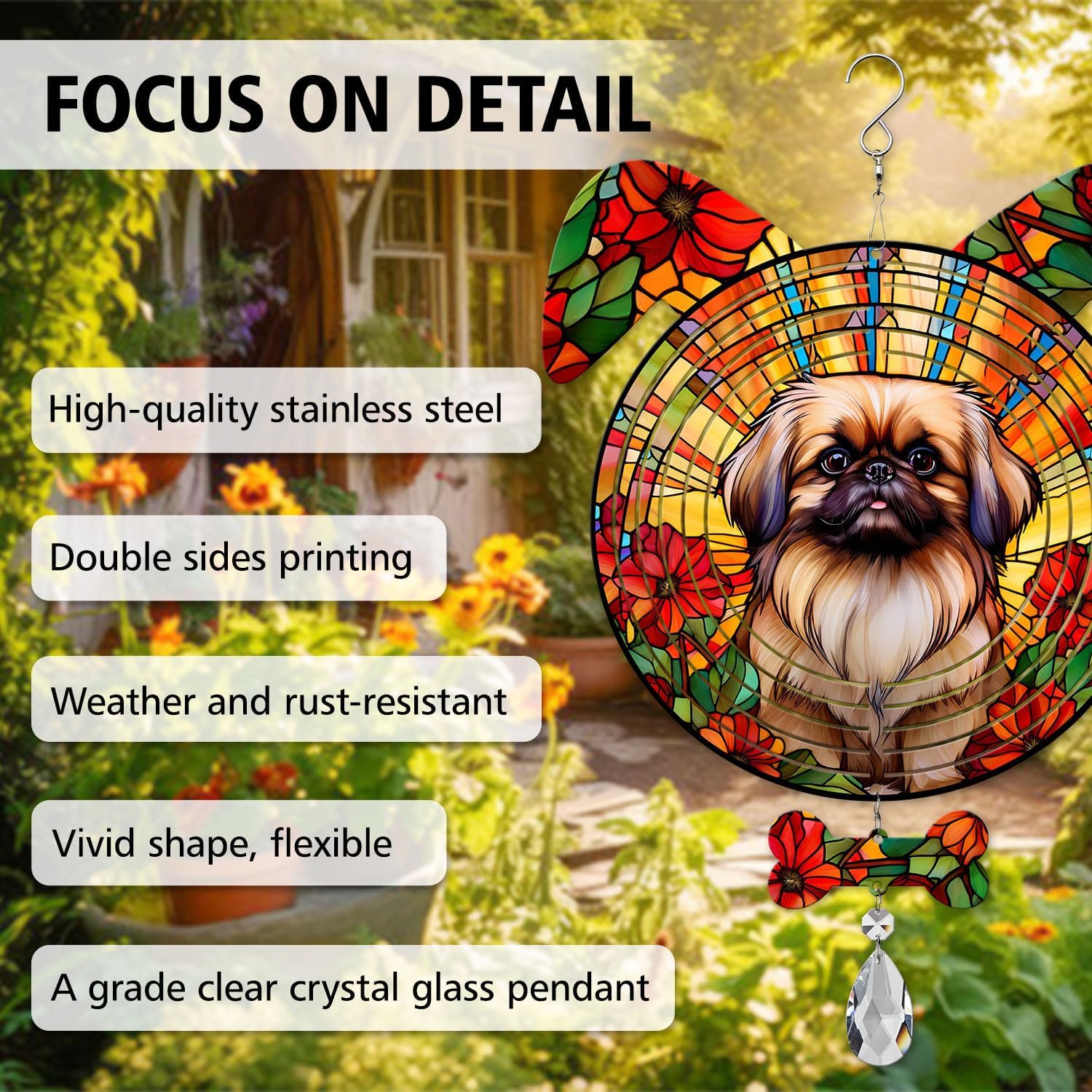 Pekingese Dog Ears Wind Spinner, Pekingese Wind Spinner Hanging for Yard and Garden