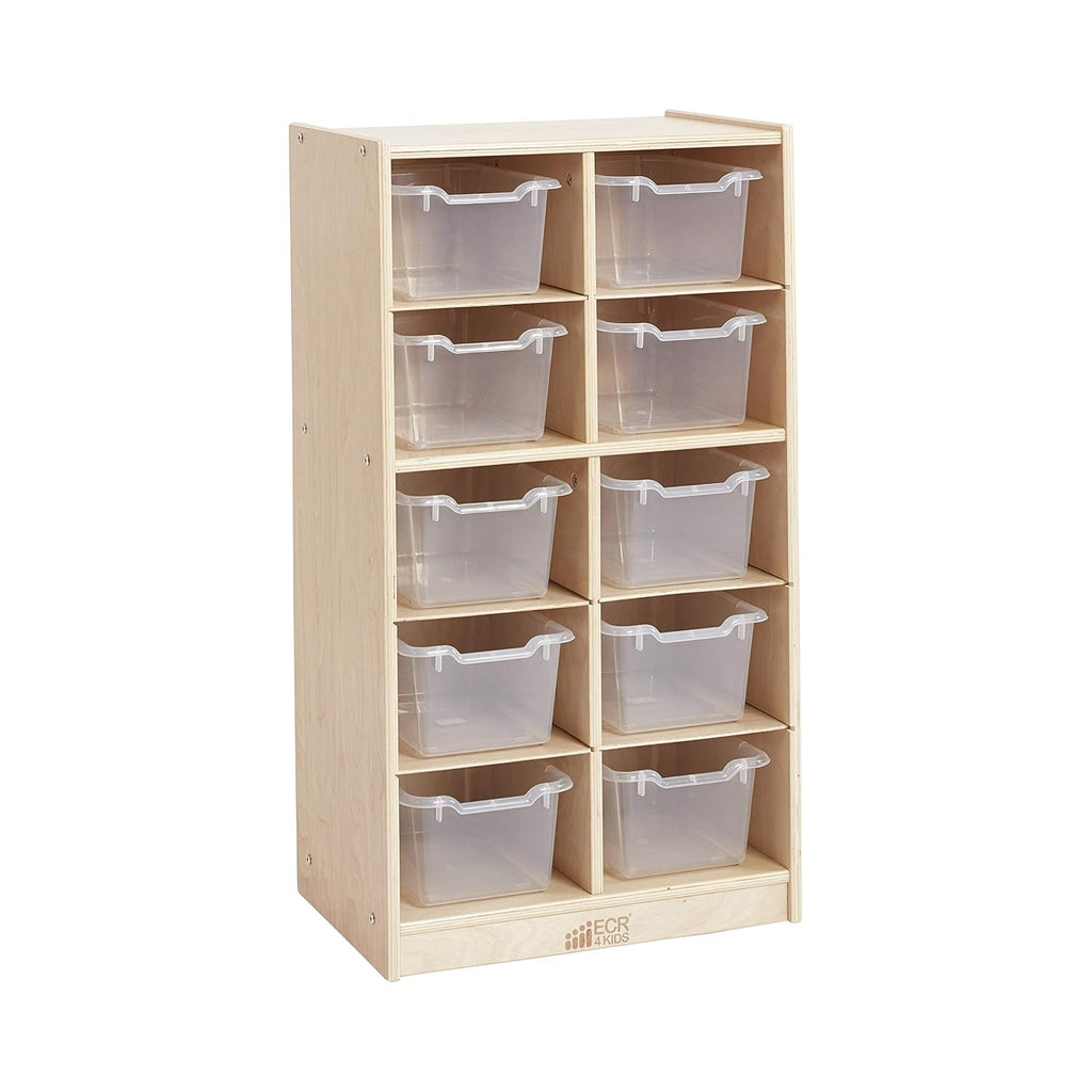 ECR4Kids 10 Cubby Tray Cabinet with Scoop Front Storage Bins, 5x2, Natural, Classroom Furniture, Clear | Durable birch, 10 plastic scoop front storage bins, GREENGUARD Gold Certified, 10 cubbies for organization, classroom or home