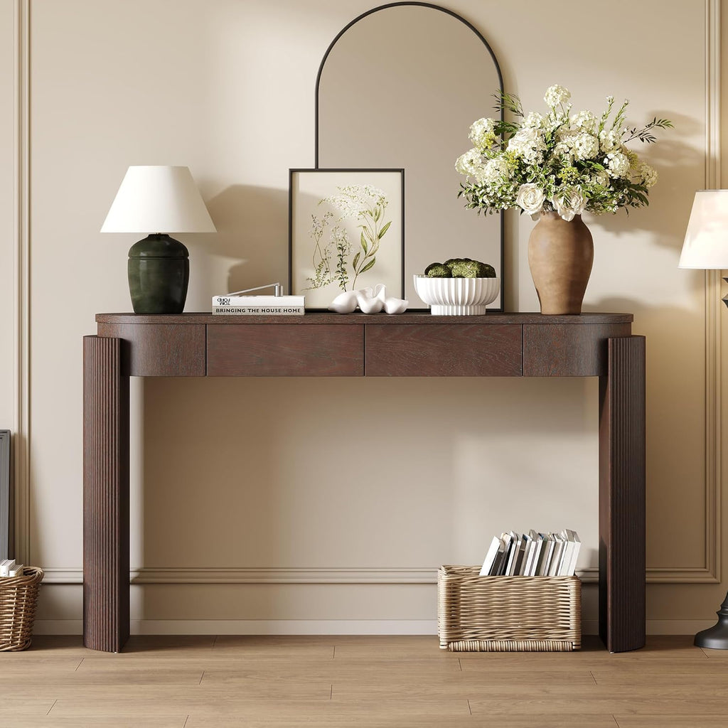 LKTART 55" Sofa Table with Oval Top and 2 Drawers, Entryway Console Table with Fluted Design for Hallway,Foyer,Entry and Living Room (Easy Assembled Espresso)