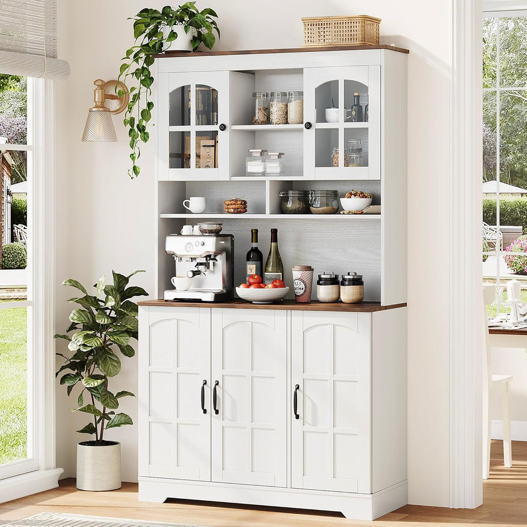 Tall Kitchen Pantry Cabinet with Glass Doors and Hutch, 70.9'' Storage, Built-in Charging Station, Dining Room Wine Rack & Cupboard - Modern White and Brown