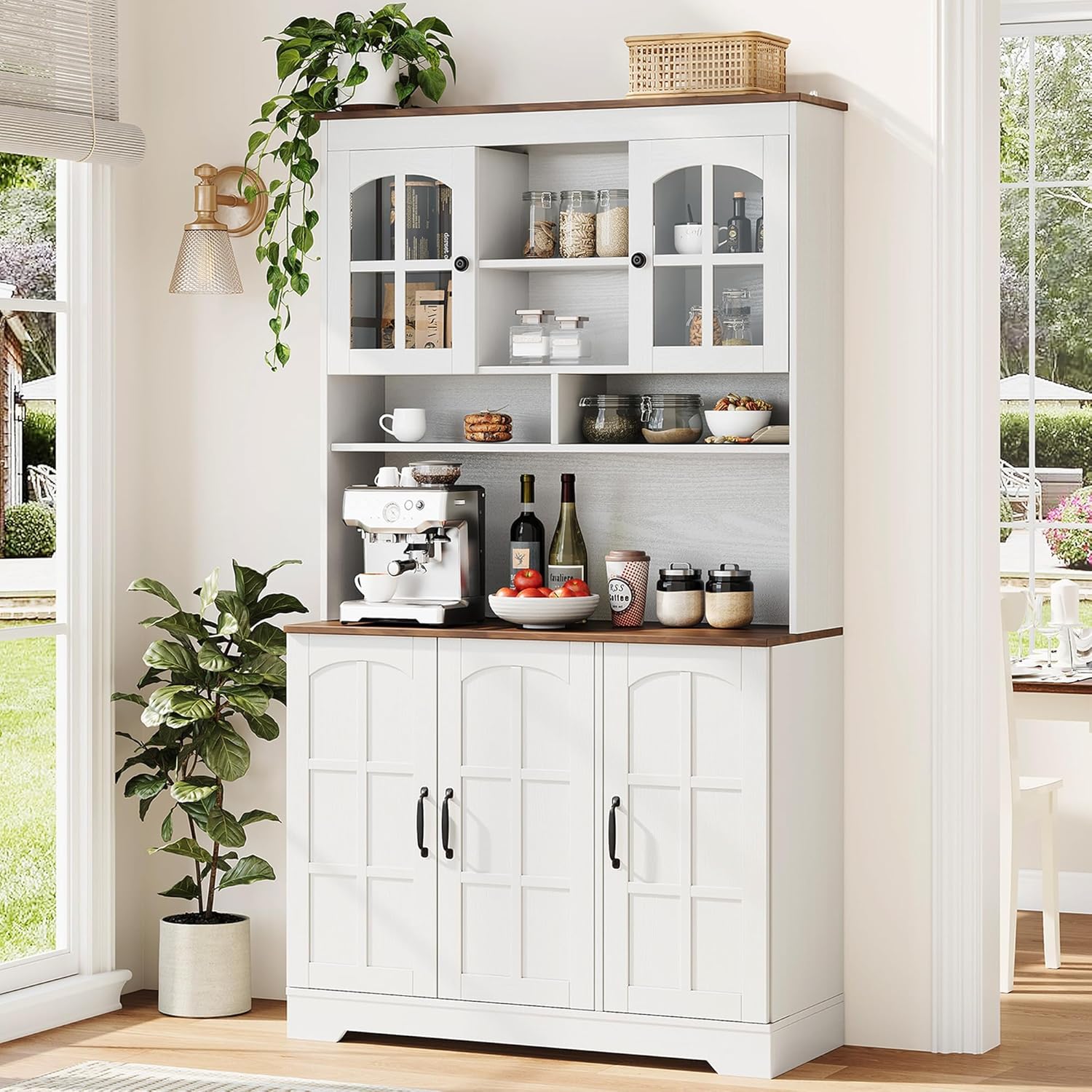 Tall Kitchen Pantry Cabinet with Glass Doors and Hutch, 70.9'' Storage, Built-in Charging Station, Dining Room Wine Rack & Cupboard - Modern White and Brown