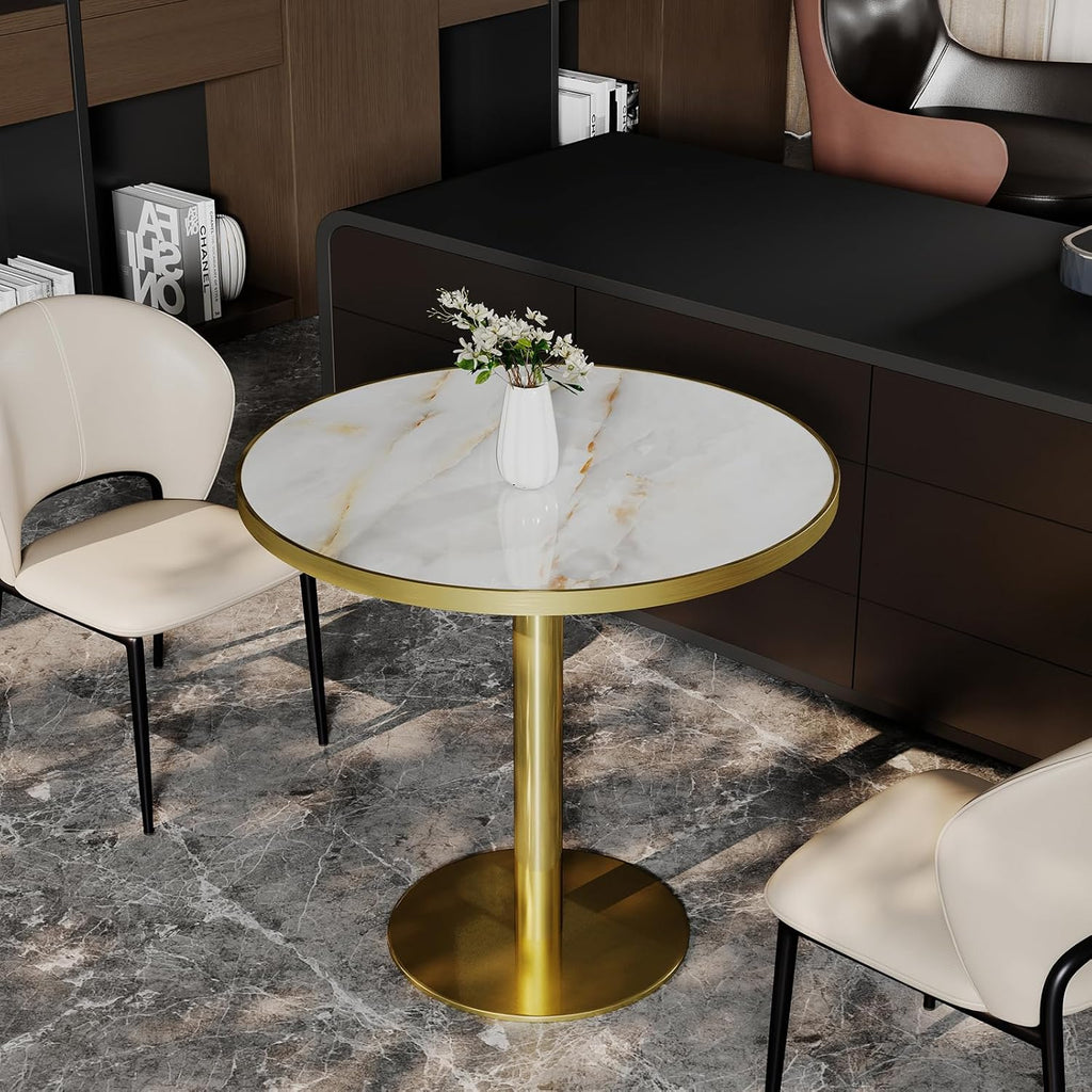 31.5" Round Tulip Table with 1.2" Thick Gold Vein Onyx Sintered Stone Top (Marble Look) & Brushed Gold Frame, Modern Luxury Dining Table for 2-4 People for Kitchen Nook, Café & Patio