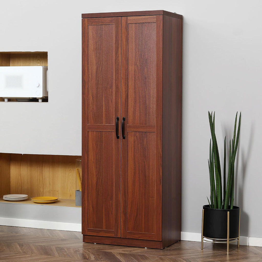 63" 2-Door Kitchen Pantry, Freestanding Storage Cabinet with 5-Tier Shelving and 2 Adjustable Shelves for Dining Room, Brown