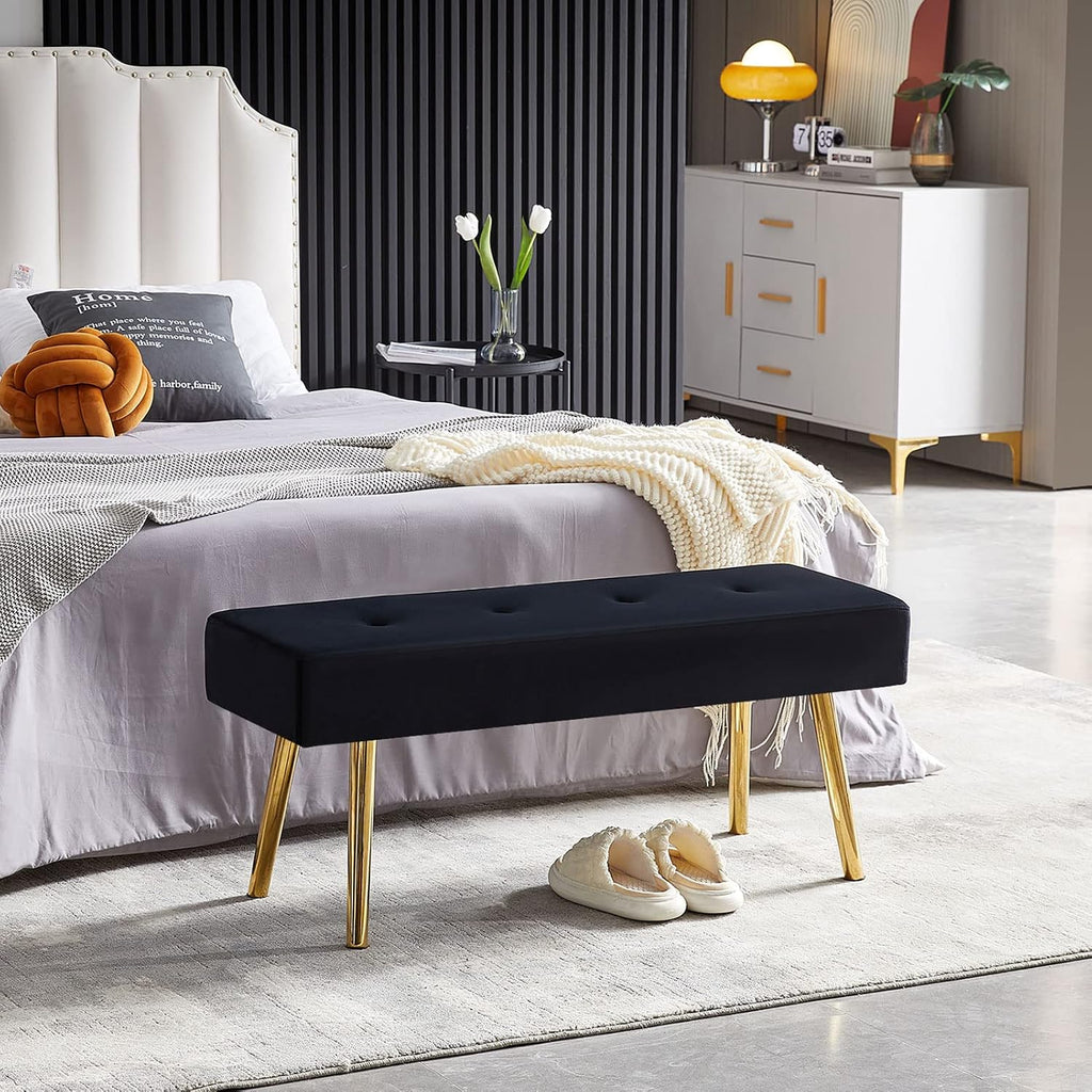 Homedot Black Velvet Ottoman Bench Simple Design Soft Velvet Dining Room Bench Tufted for Kitchen, Upholstered Entryway Bench with Sturdy Metal Legs for Home