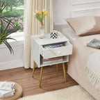 VECELO Nightstands Set of 2, Mid Century Modern End Bedside Table, Night Stand with Storage Drawer and 2 Tiers Open Shelf for Small Place, Bedroom, Living Room, Easy Assembly, White Gold