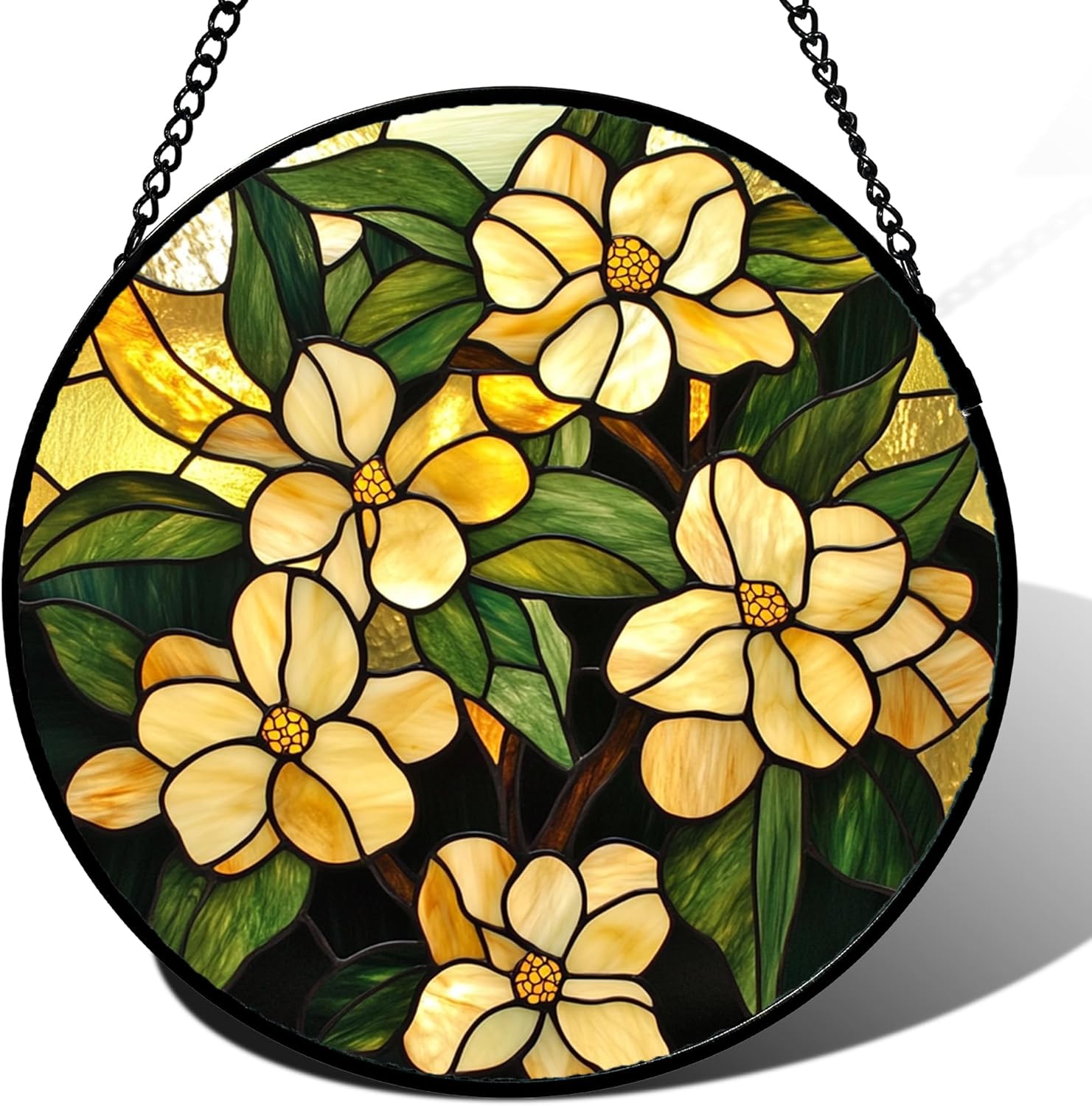Stained Glass Window Hanging - Yellow Flower Green Leaf Suncatcher for Doors Garden Patio Fall Decor Sun Catchers Christmas Mother's Day Birthday Gifts for Women Men Mom Nana Friend 6.3 in