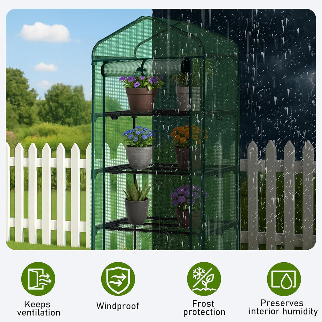 Outvita Mini Greenhouse, Small PE Plant Green House with 4 Tiers Rack, Shelf Clips, Roll-up Zipper Door, Gardening Supplies for Indoor Outdoor Seedling Frost Protection , 27"x19.6"x63" Green