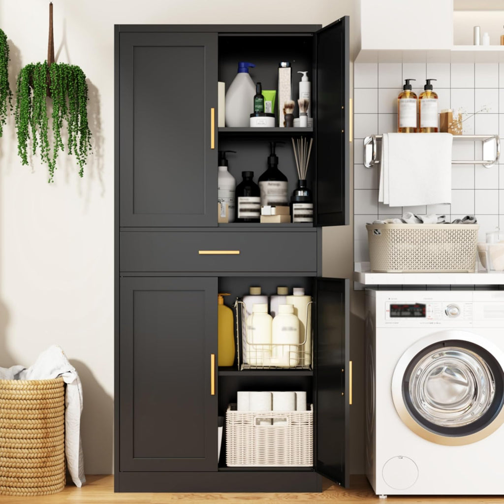 Kitchen Pantry Cabinet, 71”H Metal Storage Cabinet with 1 Drawer, Doors and 2 Adjustable Shelves, Black Pantry Storage Cabinets for Kitchen, Living Room, Dining Room and Bathroom