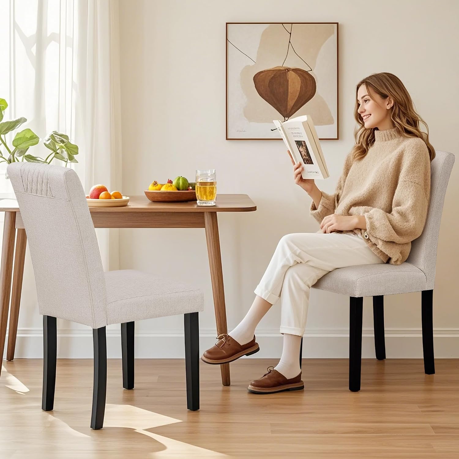 VECELO Dining Chairs Set of 2, Upholstered Fabric Wood Legs High Back for Kitchen Living Room, Beige