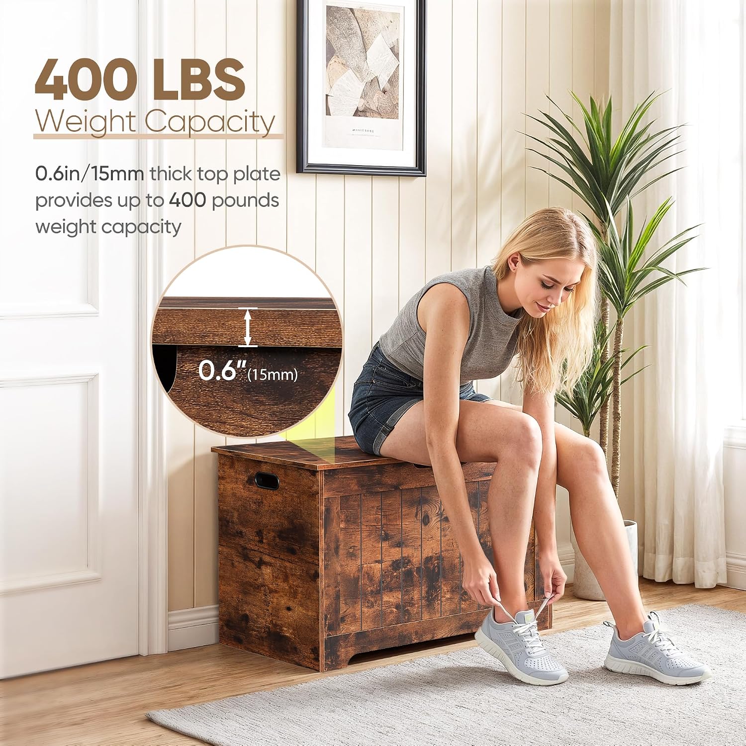 SUPER DEAL Storage Chest, 30 inches Chest Box Organizer with 2 Safety Hinges, Wooden Entryway Storage Bench, Rustic Brown
