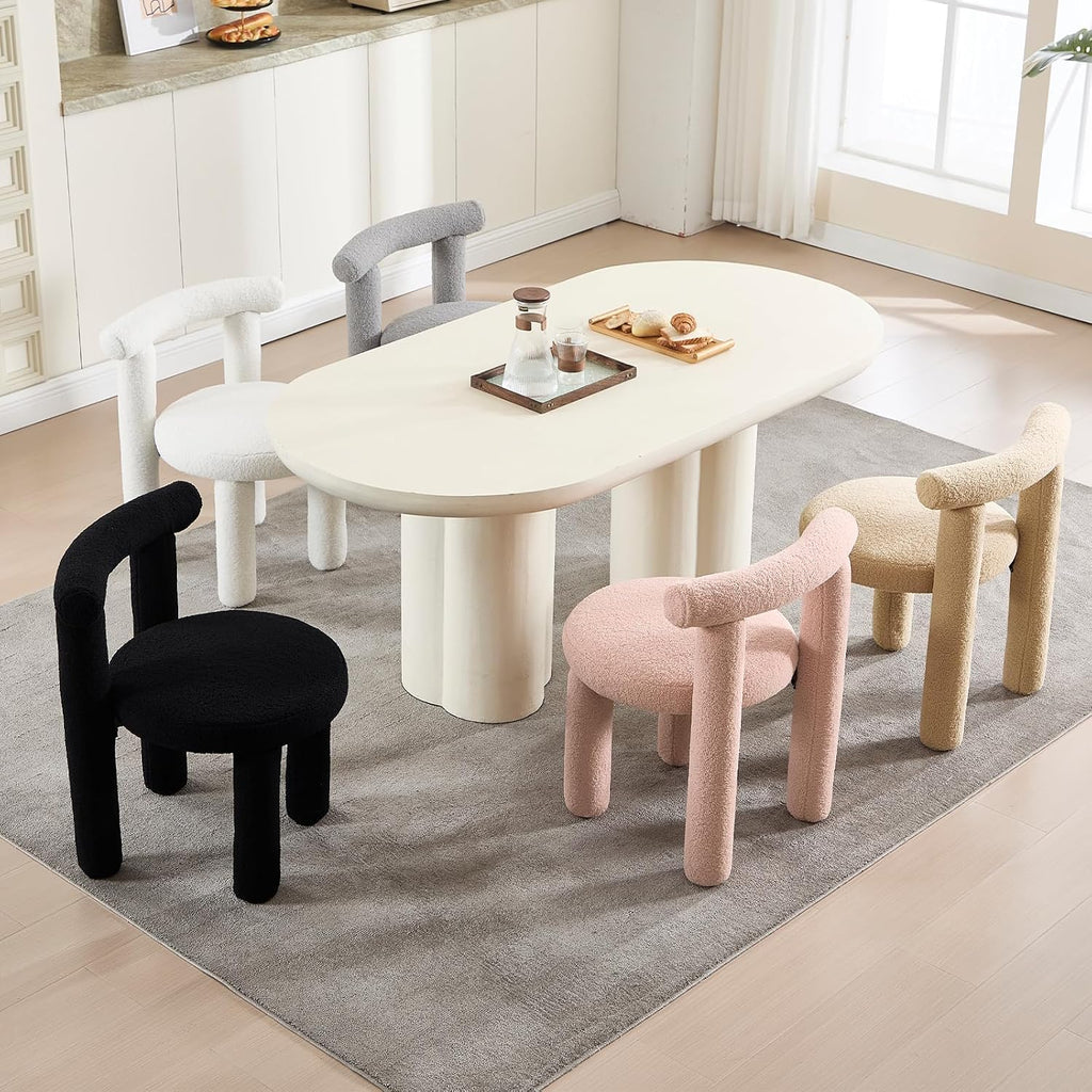 Sherpa Dining Chairs Set of 2, Comfy Boucle Fabric Dining Chairs, Upholstered Modern Kitchen Chairs with Backrest, Armless Accent Side Chair for Bedroom/Living Room, White
