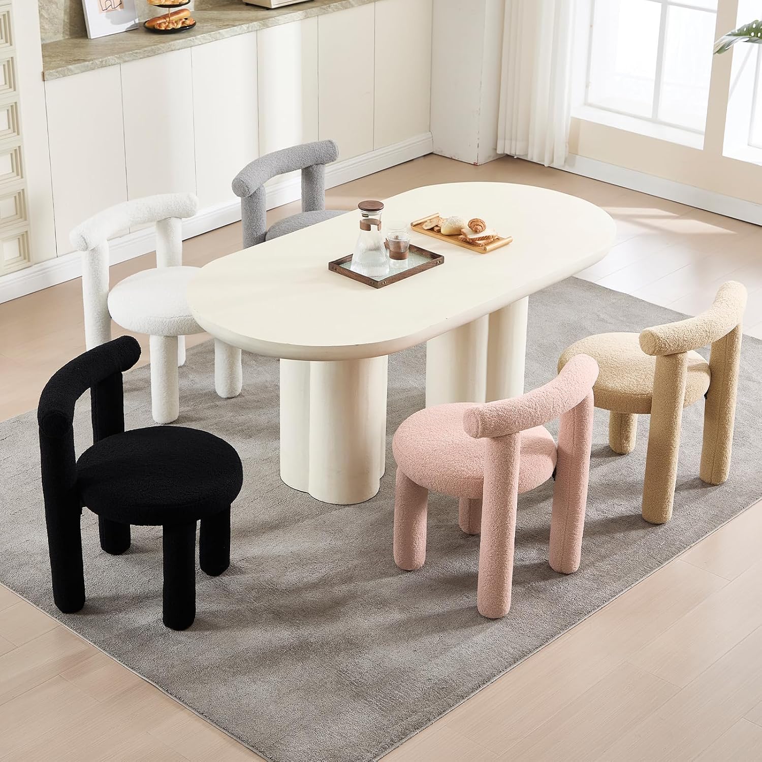 Sherpa Dining Chairs Set of 2, Comfy Boucle Fabric Dining Chairs, Upholstered Modern Kitchen Chairs with Backrest, Armless Accent Side Chair for Bedroom/Living Room, White