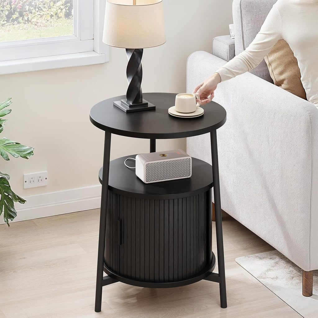 ONBRILL Round Side Table with Storage, Fluted Nightstand with Charging Station, Small Mid-Century Modern Bedside Tables, Black End Tables for Small Space Living Room Bedroom Sofa Couch