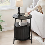 ONBRILL Round Side Table with Storage, Fluted Nightstand with Charging Station, Small Mid-Century Modern Bedside Tables, Black End Tables for Small Space Living Room Bedroom Sofa Couch
