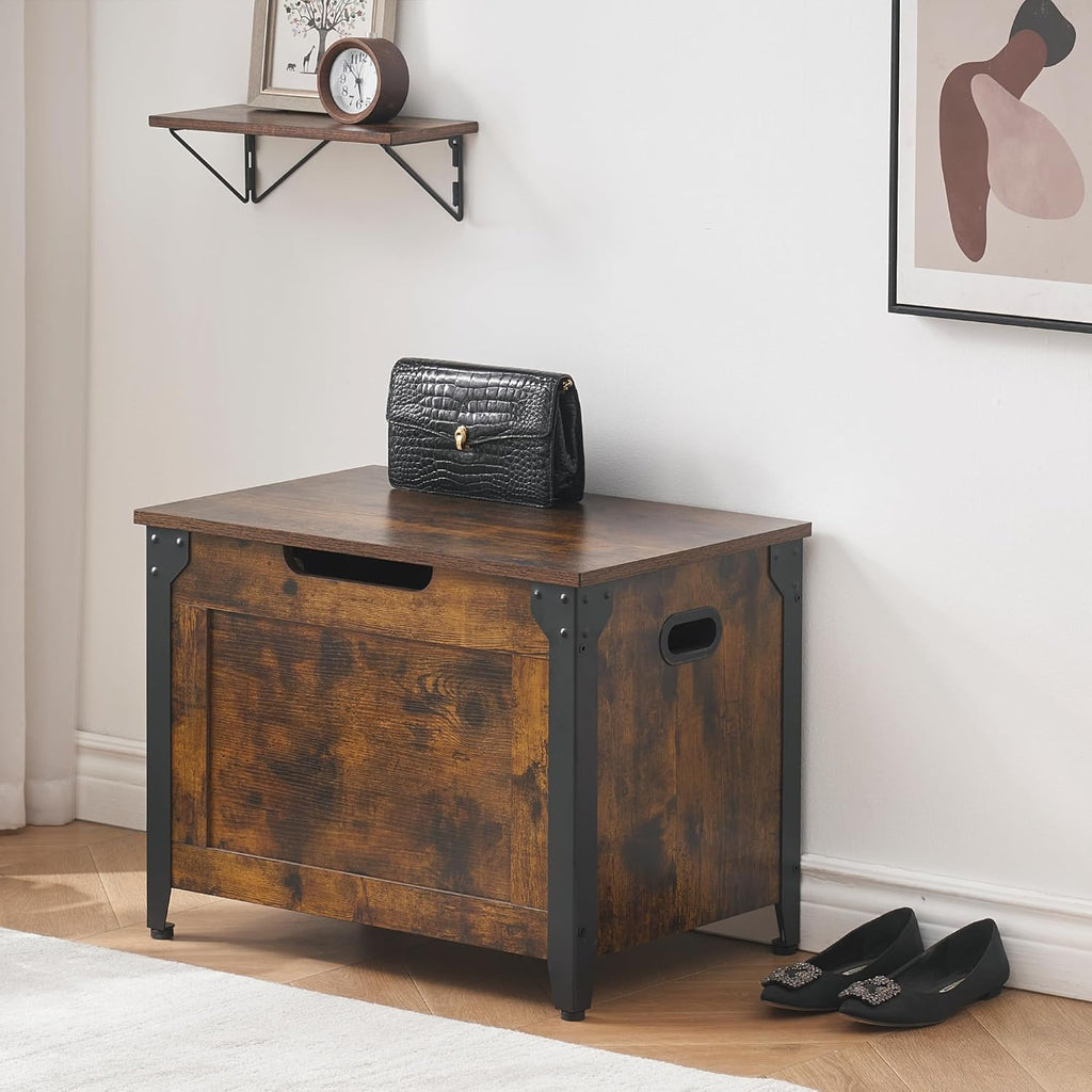 IDEALHOUSE Storage Bench, 23.6" Retro Wooden Storage Chest with 2 Safety Hinges, Loads 300 lb, Easy Assembly, Storage Ottoman Bench for Bedroom Entryway Living Room, Rustic Brown