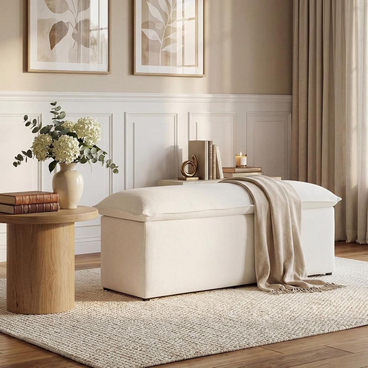 Ya-Home Modern Storage Bench Linen Fabric, Upholstered Storage Ottoman Entryway Bench with Seating for Bedroom Living Room, Beige