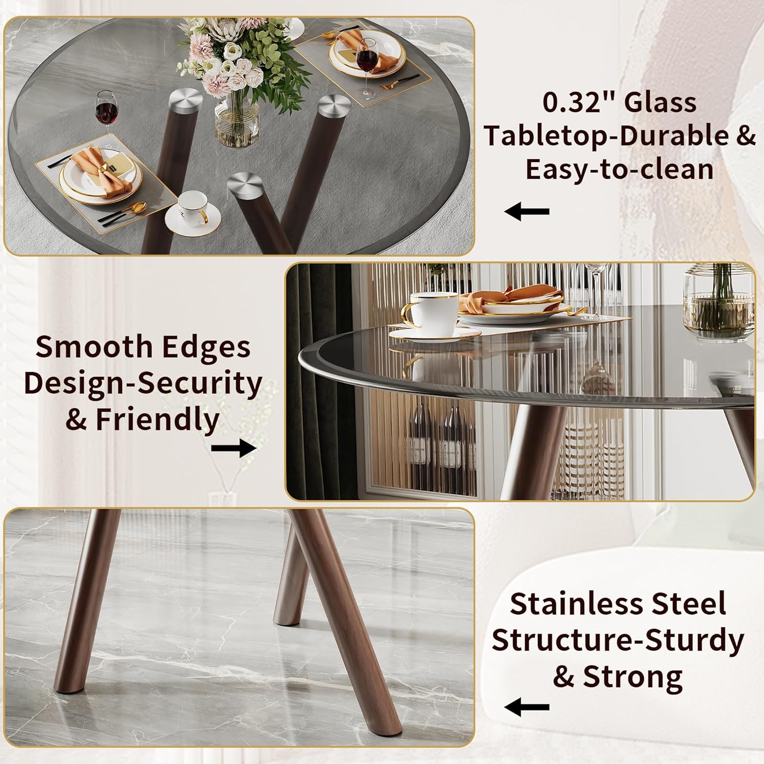 LKTART Small Glass Dining Table for 2-4 People, 35" Round Dining Table with Metal Legs, Glass Kitchen Table for Dining Room Home Office Small Spaces, Walnut