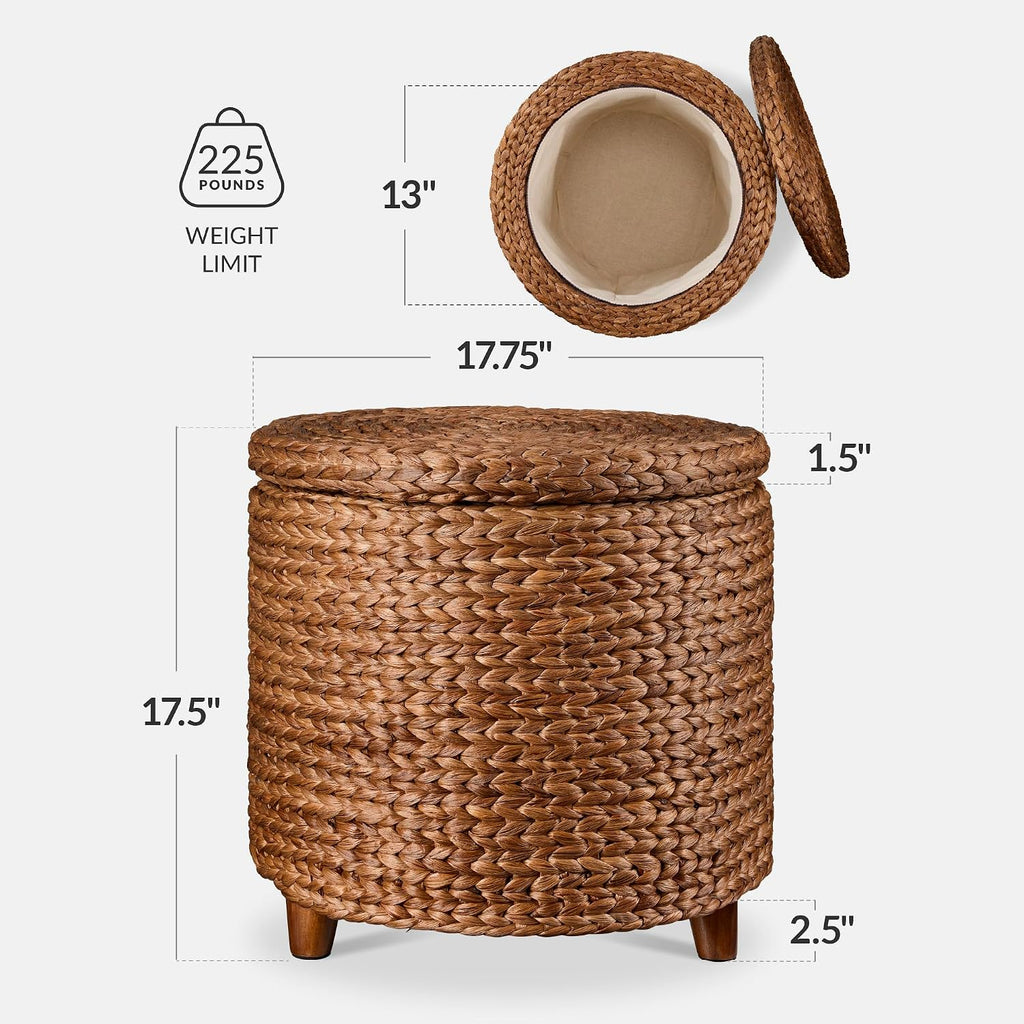 Best Choice Products 17" Round Storage Ottoman W/Lid, Handwoven Water Hyacinth Footstool, Footrest w/Wooden Legs, Accent Side Table, Storage Container, Plant Stand - Chestnut