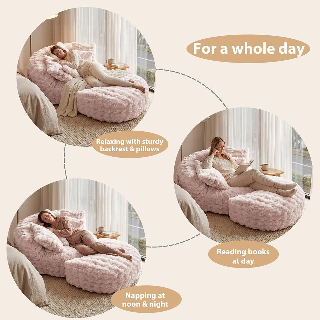 55" W x 75" D Oversized Chaise Lounge Chair Indoor with Ottoman,Pink | 38D Sponge,Round Reading Chair Luxury Plush Cloud Circle Sleeper for Living Room Bedroom, 5 Pillows,Faux Fur