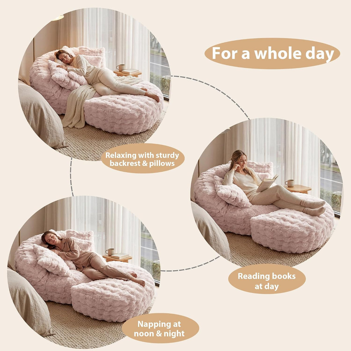 55" W x 75" D Oversized Chaise Lounge Chair Indoor with Ottoman,Pink | 38D Sponge,Round Reading Chair Luxury Plush Cloud Circle Sleeper for Living Room Bedroom, 5 Pillows,Faux Fur