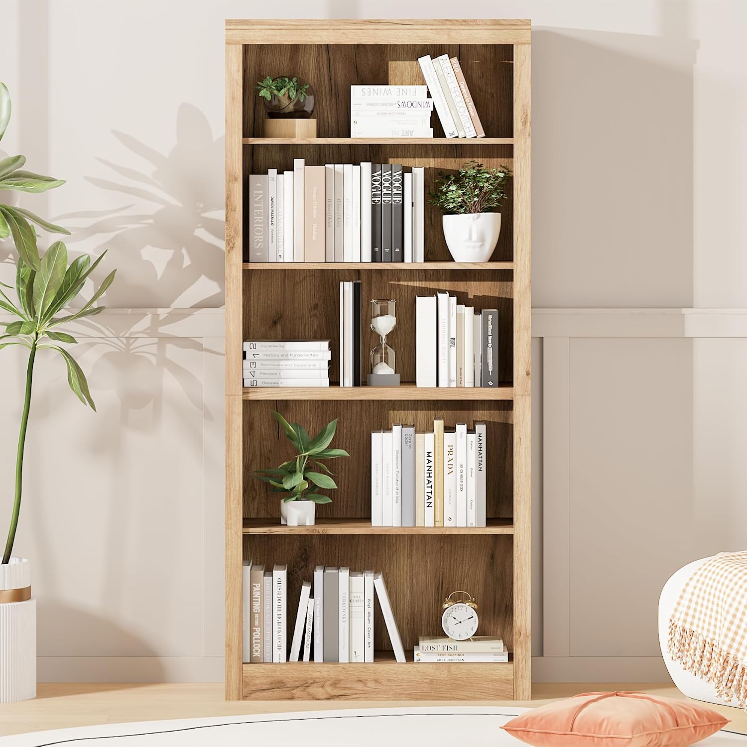 GarveeHome 71 in Tall Bookcase,Wooden Bookshelf with 5 Tiers, Modern Book Shelf in Swedish Oak, Floor Standing Display Shelves for Bedroom, Living Room and Office for Home