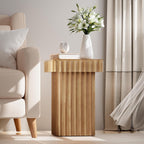 COZAYH Modern Fluted Wood End Table with Natural Oak Finish, Sculptural Accent Side Table with Textured Design, Plant Stand Small Space Furniture for Living Room, Farmhouse