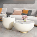 Modern Round End Table, Elegant Bowl Shaped Accent Sofa Side Table with Sintered Stone Tabletop & Pleated Leatherette Details, Small Round End Tables for Living Room Bedroom Apartment Office, White